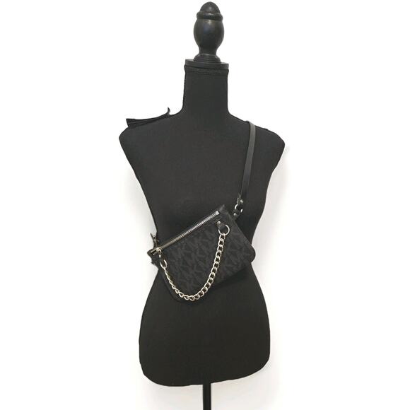 New! Michael Kors Signature Logo Chain Belt Bag Black Fanny Pouch - Picture 2 of 7